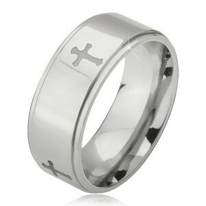 Lesklý ocelový prsten - stříbrný kroužek, vyrytý matný kříž, snížený okraj - Velikost: 57