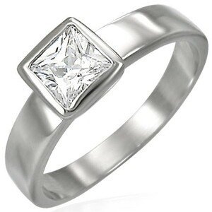 Ocelový prsten stříbrné barvy, čirý čtvercový zirkon v objímce - Velikost: 56
