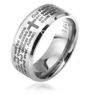 Prsten z chirurgické oceli - stříbrný, zkosené okraje, modlitba Otčenáš - Velikost: 52