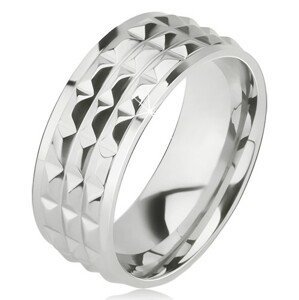 Lesklý ocelový prsten - stříbrná obroučka na prst, ozdobné diamantové plošky - Velikost: 57