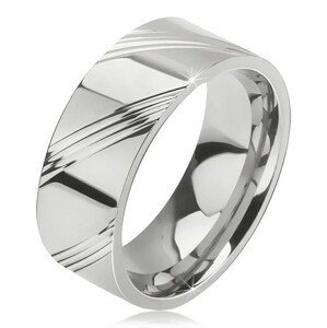 Prsten z chirurgické oceli - lesklá obroučka na prst, čtyři šikmé rýhy v úsecích - Velikost: 57