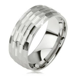 Matný prsten z chirurgické oceli - stříbrný, vyhloubený vzor malých oválů - Velikost: 57
