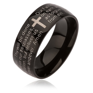 Černý prsten z oceli, stříbrný kříž, modlitba Otčenáš - Velikost: 52