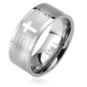 Prsten z oceli, matný pás s lesklým křížem a modlitbou Otčenáš - Velikost: 55