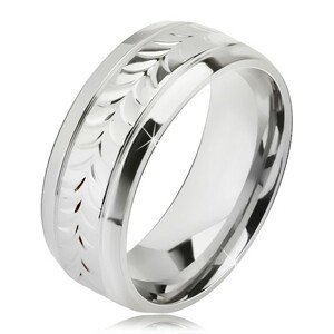 Lesklý ocelový prsten, rýhy, vzor z rozdvojených lístků - Velikost: 59