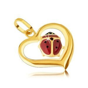 Zlatý přívěsek 585 - obrys nepravidelného srdce, glazovaná beruška