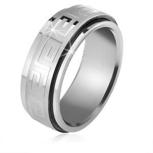 Ocelový prsten, točící se matná obruč s lesklým řeckým klíčem - Velikost: 62