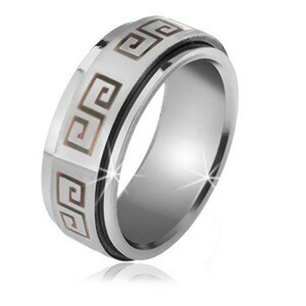 Lesklý prsten z oceli - matná točící se obruč, šedý řecký klíč - Velikost: 56