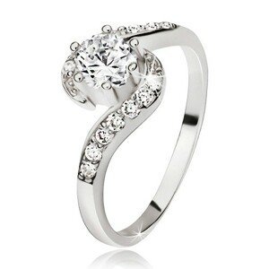 Stříbrný prsten 925, zvlněná zirkonová ramena, kulatý čirý kamínek - Velikost: 51