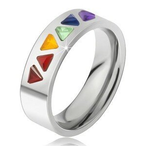 Lesklý prsten z oceli, barevné trojúhelníkové kamínky - Velikost: 49
