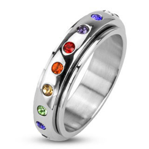 Prsten z oceli 316L, otočná obruč s barevnými kamínky - Velikost: 51