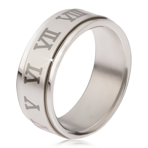 Lesklý prsten z oceli - matná točící se obruč, šedé římské číslice - Velikost: 57