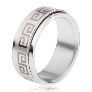 Ocelový prsten, točící se matná obruč, řecký klíč šedé barvy - Velikost: 59