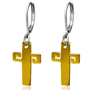 Ocelové náušnice zlaté barvy, kříž s řeckým klíčem