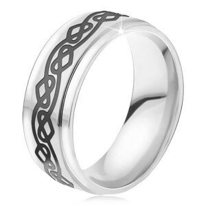 Ocelový prsten - lesklá stříbrná obroučka, zvlněná linie, srdce - Velikost: 54