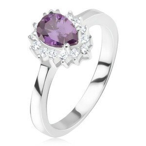 Stříbrný prsten 925 - fialový slzičkovitý kamínek, zirkonová obruba - Velikost: 57