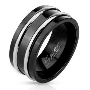 Ocelový prsten černé barvy - dvě tenké lesklé obruče stříbrné barvy - Velikost: 62