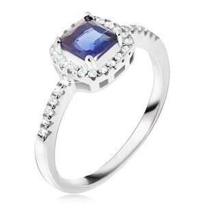 Prsten ze stříbra 925, modrý čtvercový kamínek, zirkonový lem - Velikost: 55