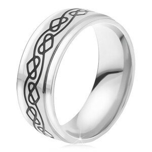 Ocelový prsten - stříbrná obroučka, tenká gravírovaná zvlněná linie, srdce - Velikost: 62