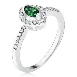Stříbrný prsten 925 - elipsovitý zelený kamínek, zirkonová kontura - Velikost: 56