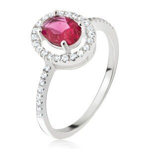 Stříbrný prsten 925 - oválný růžovočervený kamínek, zirkonová obruba - Velikost: 52
