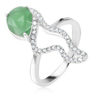 Prsten ze stříbra 925 - zelený slzičkový kámen, zirkonová zvlněná linie - Velikost: 53