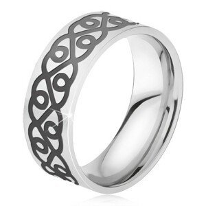 Ocelový prsten - stříbrná obroučka, tlustý černý ornament, srdce - Velikost: 57