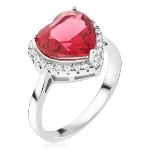Stříbrný prsten 925 - velký červený srdcovitý kámen, zirkonový lem - Velikost: 48