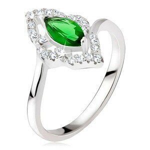 Stříbrný prsten 925 - elipsovitý kamínek zelené barvy, zirkonová kontura - Velikost: 54