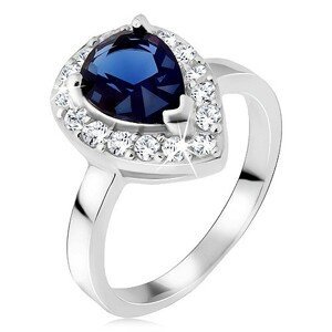 Stříbrný prsten 925, modrý slzičkovitý kámen se zirkonovým lemem - Velikost: 52