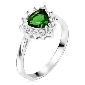 Prsten ze stříbra 925, trojúhelníkový zelený kamínek, čiré zirkony - Velikost: 52