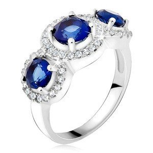 Prsten ze stříbra 925, zirkonové kruhy, tři modré kamínky - Velikost: 49