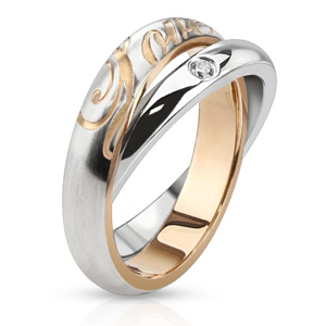 Dvojitý ocelový prsten - stříbrné obroučky, zirkon, nápis Love - Velikost: 50