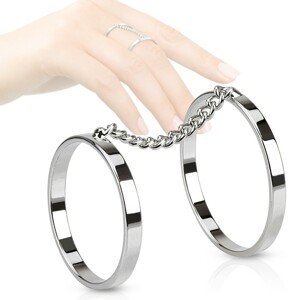 Dvojitý prsten z oceli, rhodiované obroučky spojené řetízkem - Velikost: 56