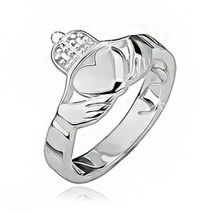 Stříbrný prsten 925 - srdce, ruce, korunka, výřezy po obvodu - Velikost: 50