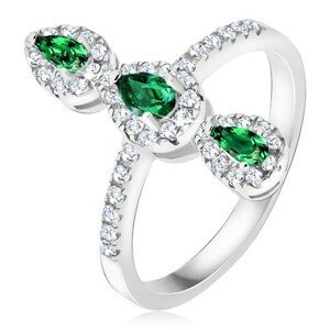 Prsten ze stříbra 925, tři zelené slzičkovité kamínky, zirkonový lem - Velikost: 49