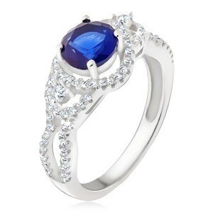 Stříbrný prsten 925, tmavomodrý kámen, oblé zirkonové linie - Velikost: 65