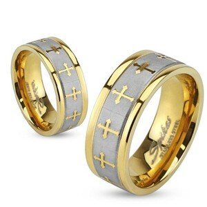 Prsten z oceli zlaté barvy, stříbrný saténový pás, jetelové kříže - Velikost: 64