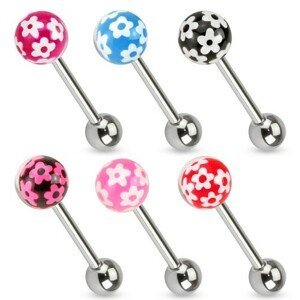 Piercing do jazyku z chirurgické oceli, barevná kulička s kvítky - Barva piercing: Růžová - Černá