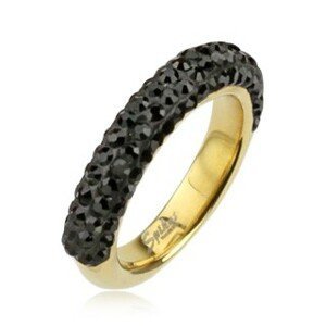 Ocelový prsten zlaté barvy zdobený černými zirkony - Velikost: 60