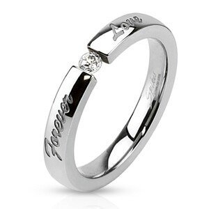 Prsten z chirurgické oceli, čirý zirkon, gravírovaný nápis Forever love - Velikost: 60