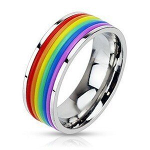 Lesklý ocelový prsten s pryžovými pásky v barvách duhy - Velikost: 49