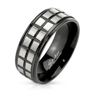 Černý ocelový prsten, dvě linie z matných stříbrných čtverců - Velikost: 65