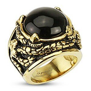 Mohutný zlatý prsten z chirurgické oceli, onyx v dračích spárech - Velikost: 61