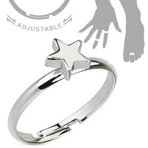 Rhodiovaný nastavitelný stříbrný prsten, lesklá pěticípá hvězda - Velikost: 51
