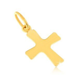 Lesklý přívěsek ze žlutého 14K zlata - plochý malý kříž, mírně se rozšiřující ramena 