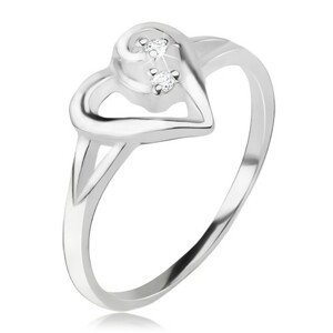 Srdíčkovitý prsten, obrys asymetrického srdce, čiré kamínky, stříbro 925 - Velikost: 50
