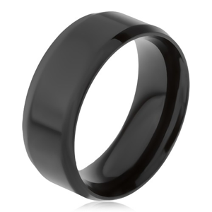 Ocelový prsten černé barvy, zkosené okraje - Velikost: 70