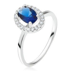 Prsten ze stříbra 925, oválný modrý kámen se zirkonovým rámem - Velikost: 53