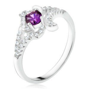 Stříbrný prsten 925, fialový kamínek, zakroucená zirkonová ramena - Velikost: 52